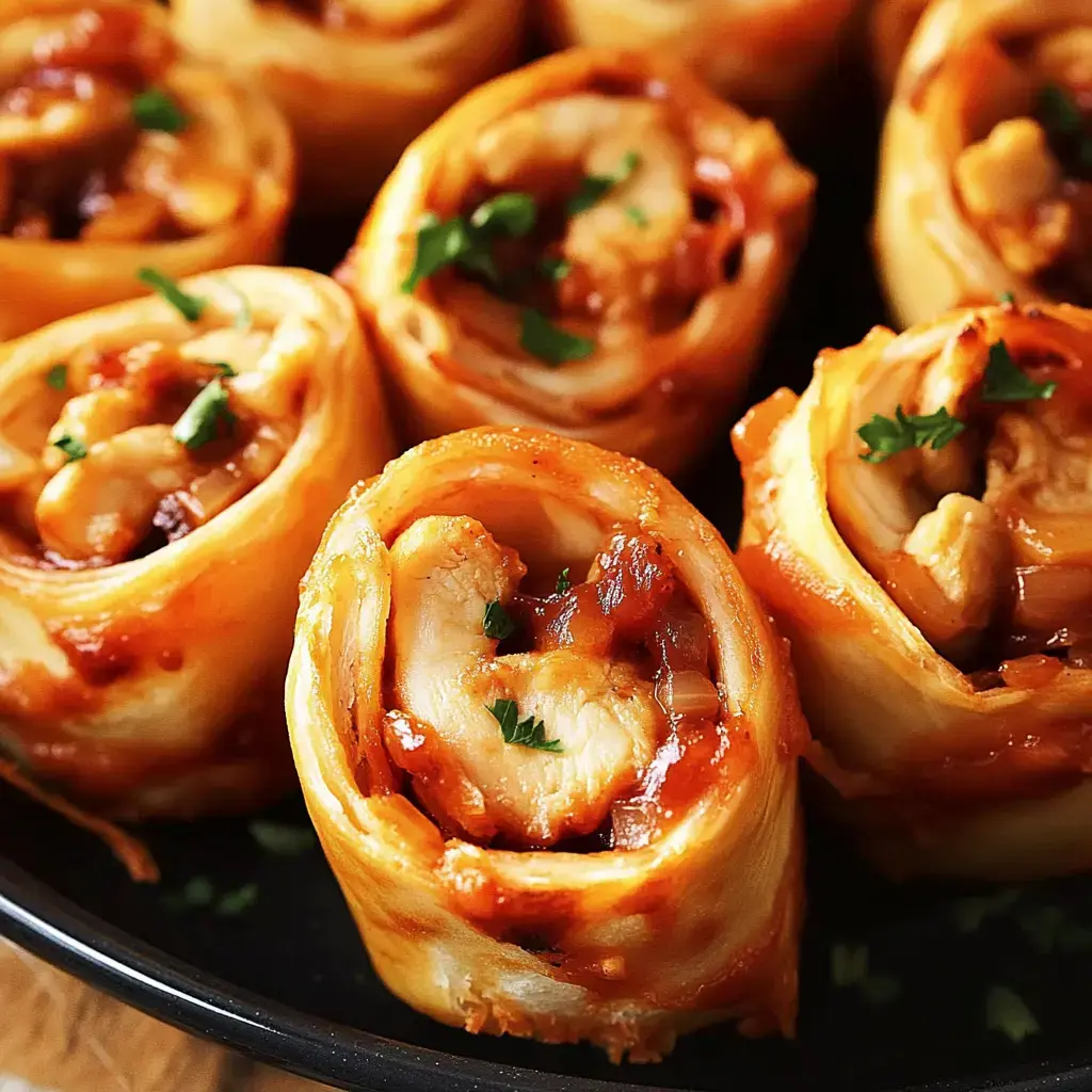 Rollos salados de pollo con salsa, adornados con hierbas frescas.