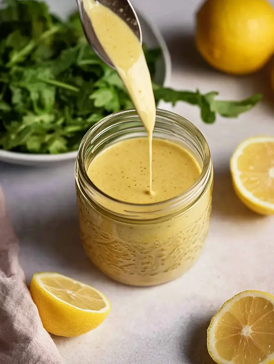 Un frasco de aderezo cremoso amarillo con una cuchara goteando salsa, rodeado de verduras frescas y mitades de limón.