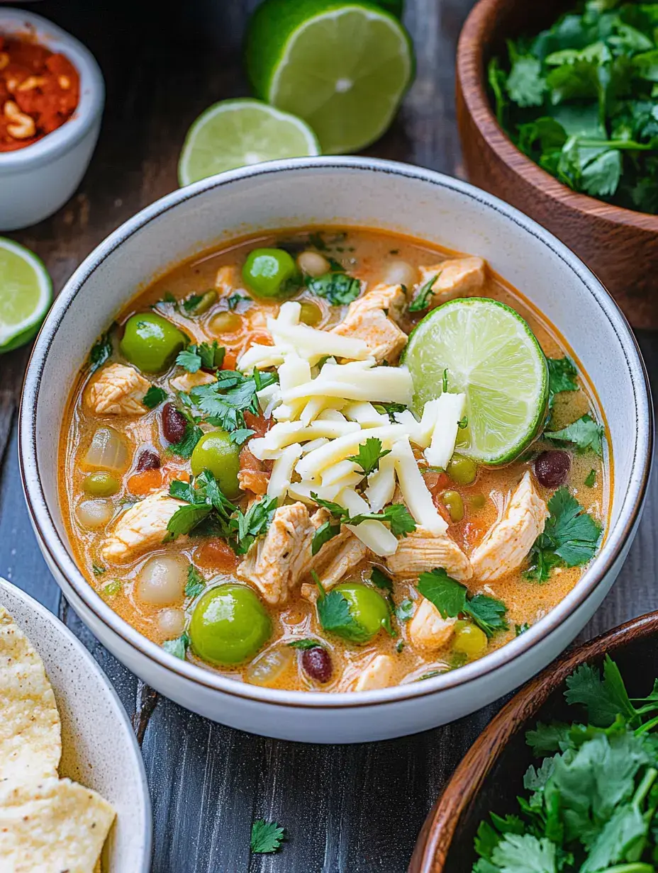 Tazón de sopa de pollo adornado con cilantro, lima y queso, con limas y un cuenco de cilantro fresco al lado.