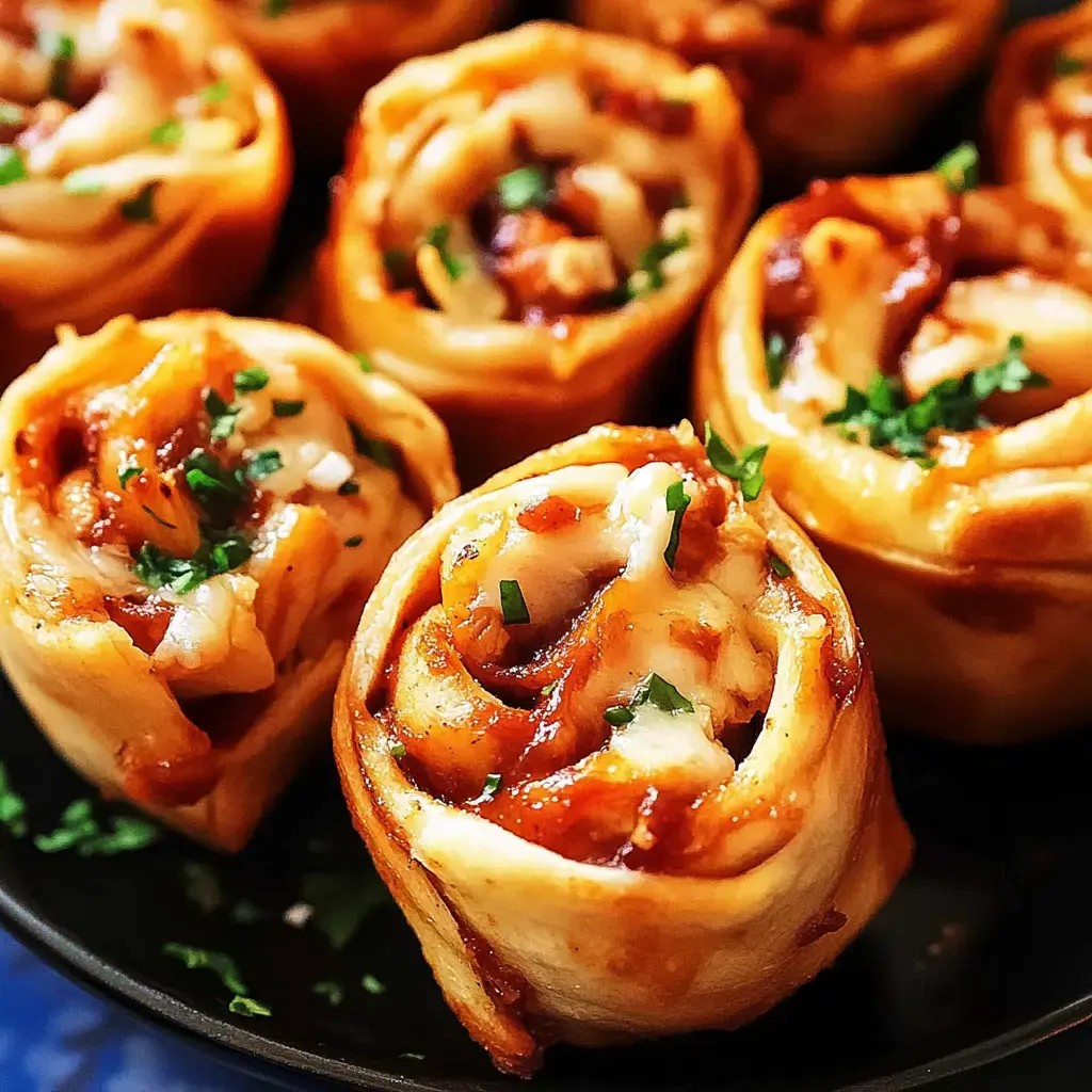 Aperitivos enrollados de pizza, con queso, salsa y hierbas picadas sobre un plato oscuro.