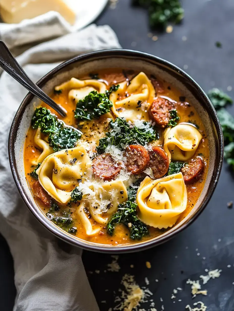 Un cuenco con sopa que lleva tortellini, chorizo y kale, decorado con queso y un paño crema alrededor.