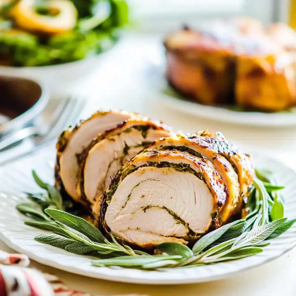 Pechuga de pollo rellena de hierbas, cortada y servida con verdes frescos.