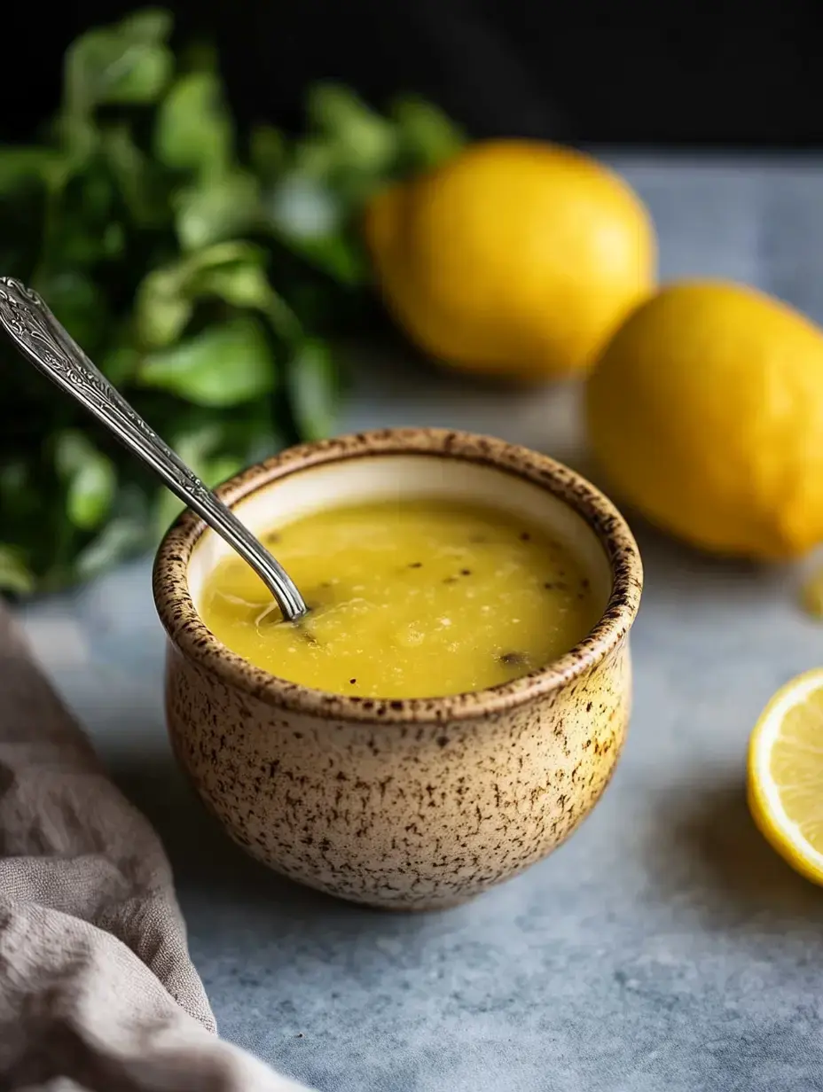 Un bol de aderezo o salsa amarilla con una cuchara, rodeado de limones frescos y verduras.