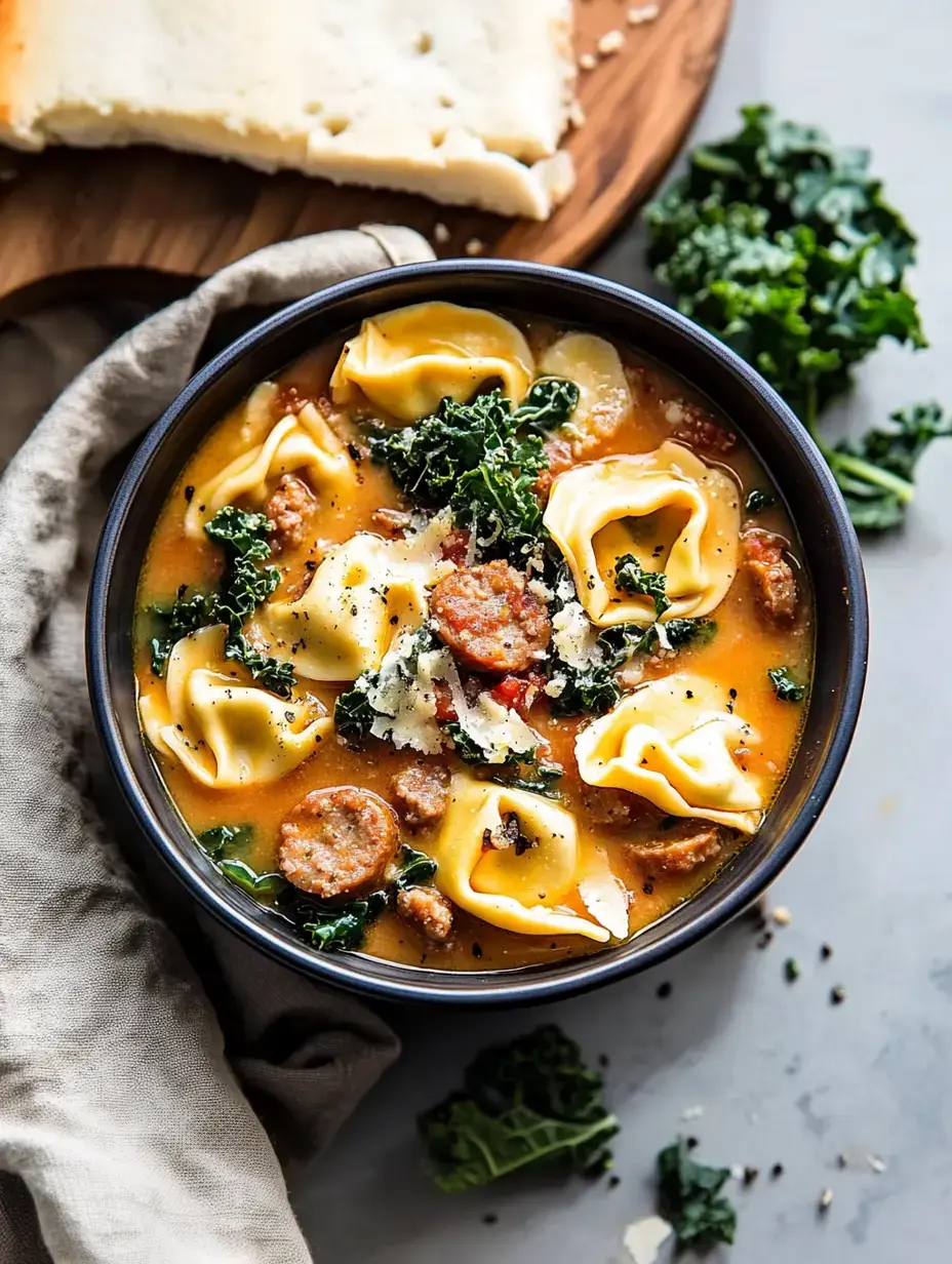 Un cuenco con sopa de tortellini, chorizo, kale y queso, junto a un trozo de pan en una tabla de madera.