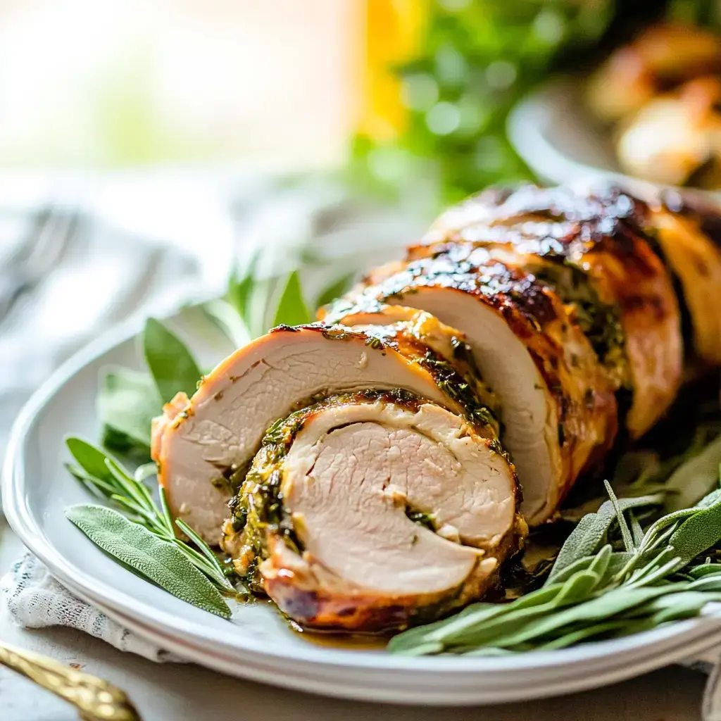 Pechuga de pavo rellena y asada, rebanada y con hojas de salvia encima en un plato blanco.