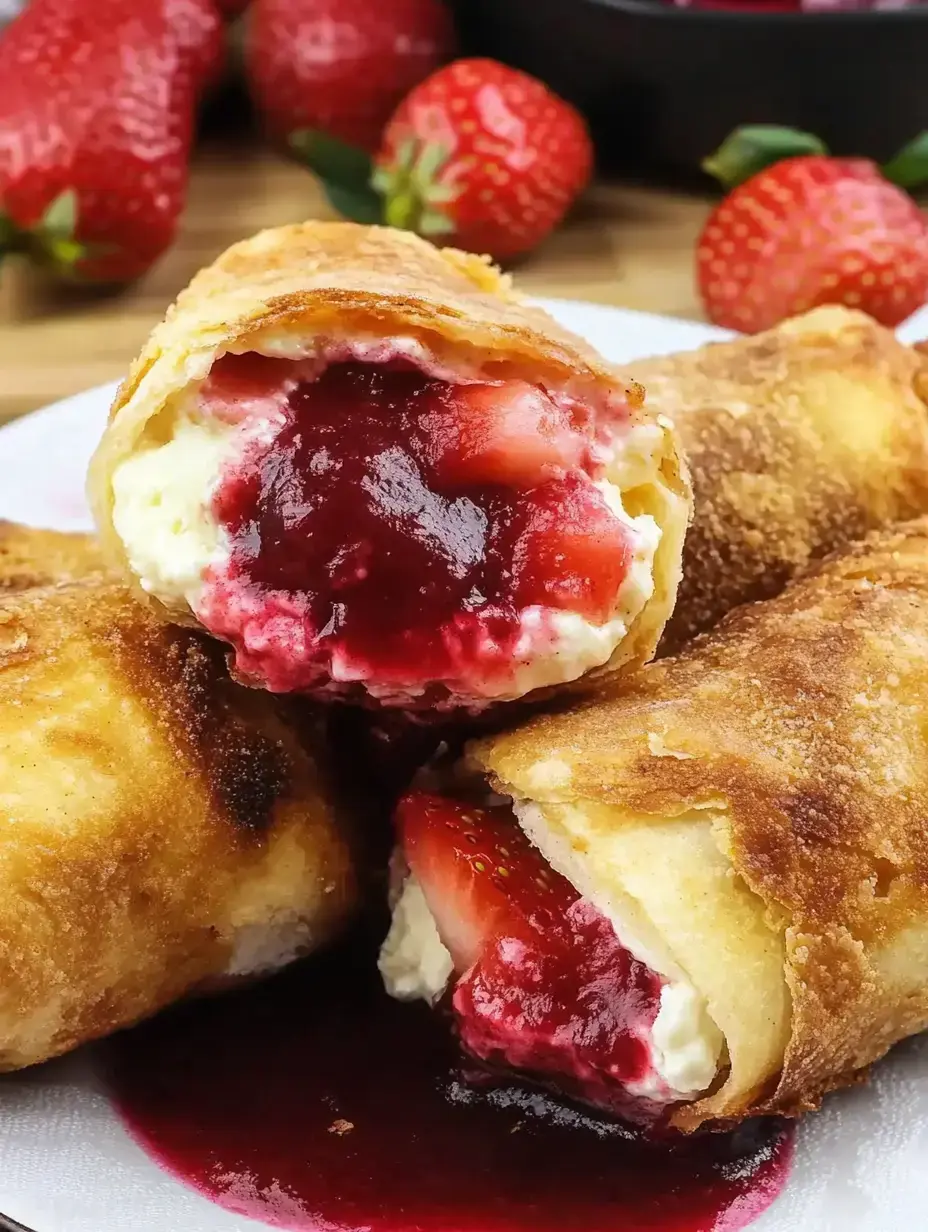 Rollitos fritos rellenos de fresa en un plato, acompañados de fresas frescas de fondo.