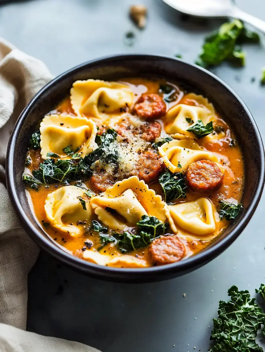 Un cuenco con sopa de ravioles, chorizo, kale y un poco de queso, sobre fondo gris claro.