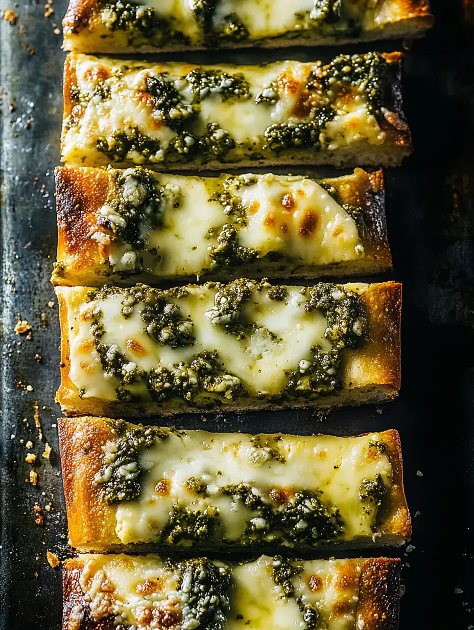 Un primer plano de varias rebanadas de pan tostado cubiertas con queso derretido y pesto, ordenadas cuidadosamente en una bandeja para hornear.