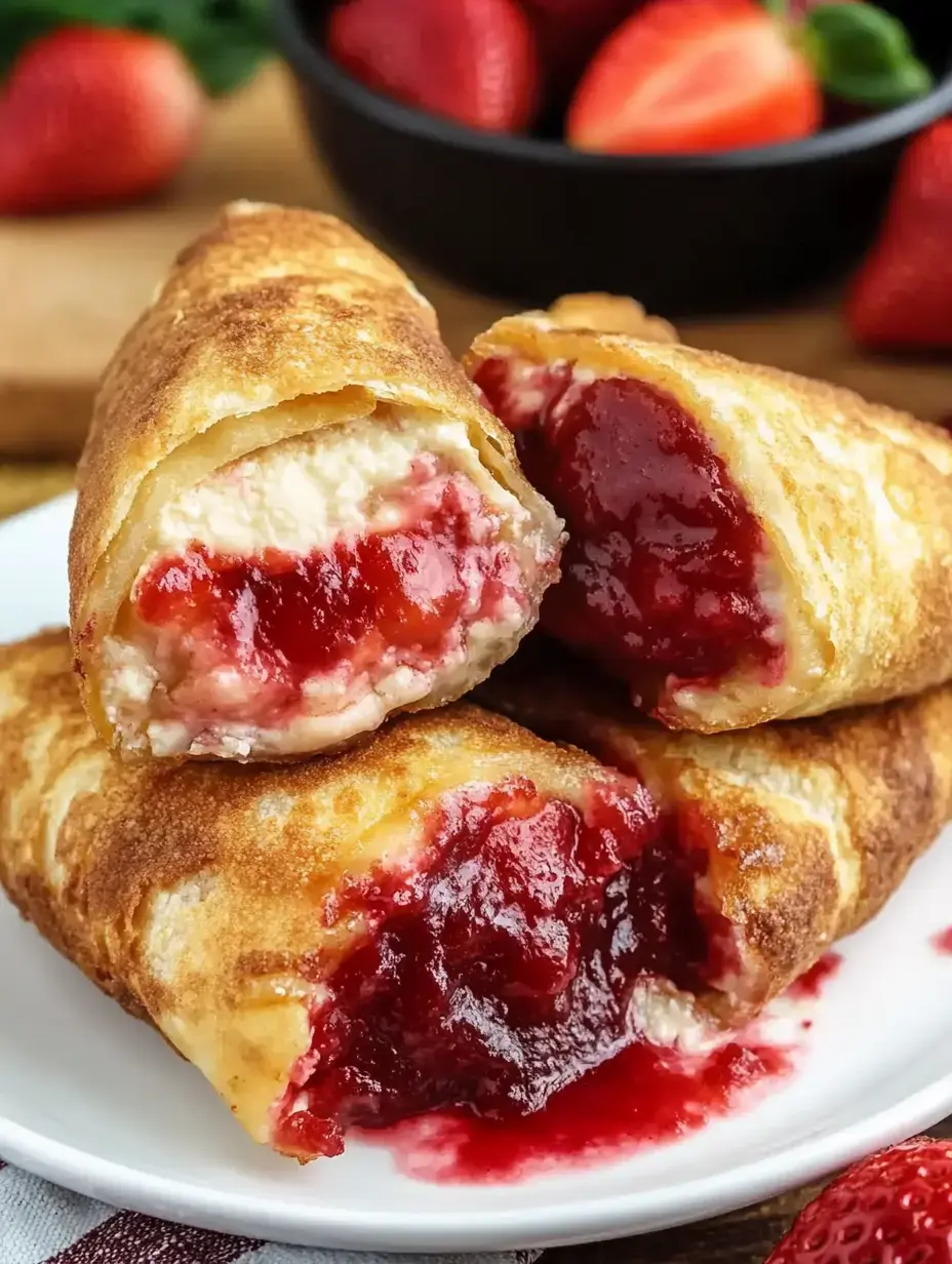 Tres chimichangas doradas rellenas de mermelada de fresa y crema sobre un plato blanco, con fresas frescas al fondo.
