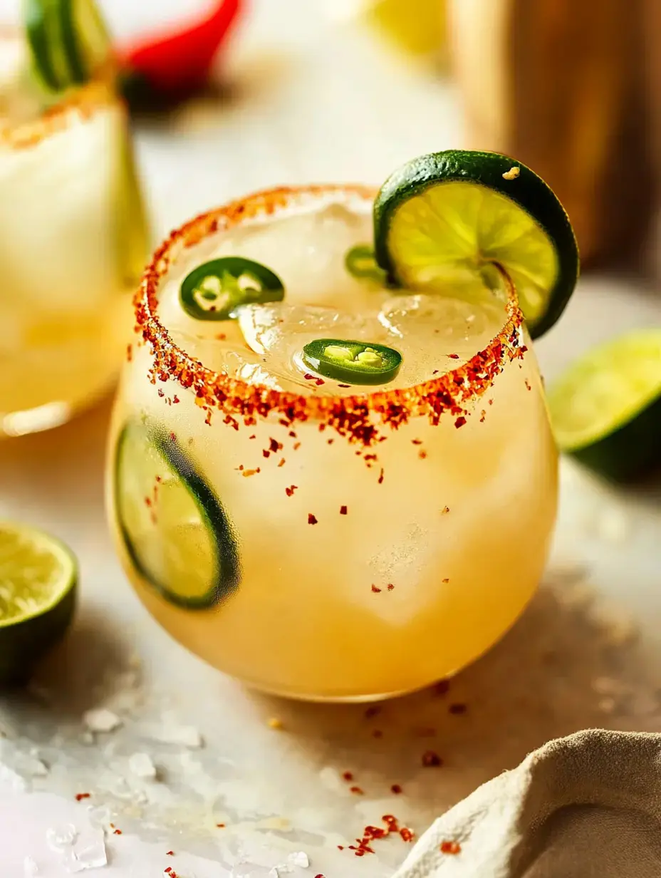 Un close-up de un cóctel decorado con lima, jalapeño y el borde cubierto de chile en polvo, rodeado de limas partidas sobre una superficie marmoleada.