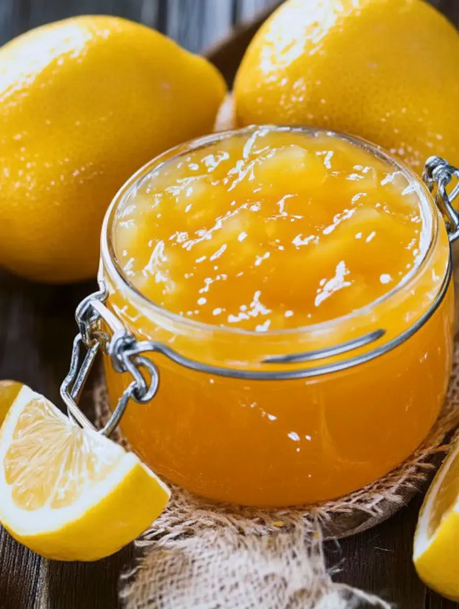 Un frasco transparente de mermelada de limón colocado sobre una superficie texturizada, rodeado de limones enteros y una rodaja de limón.
