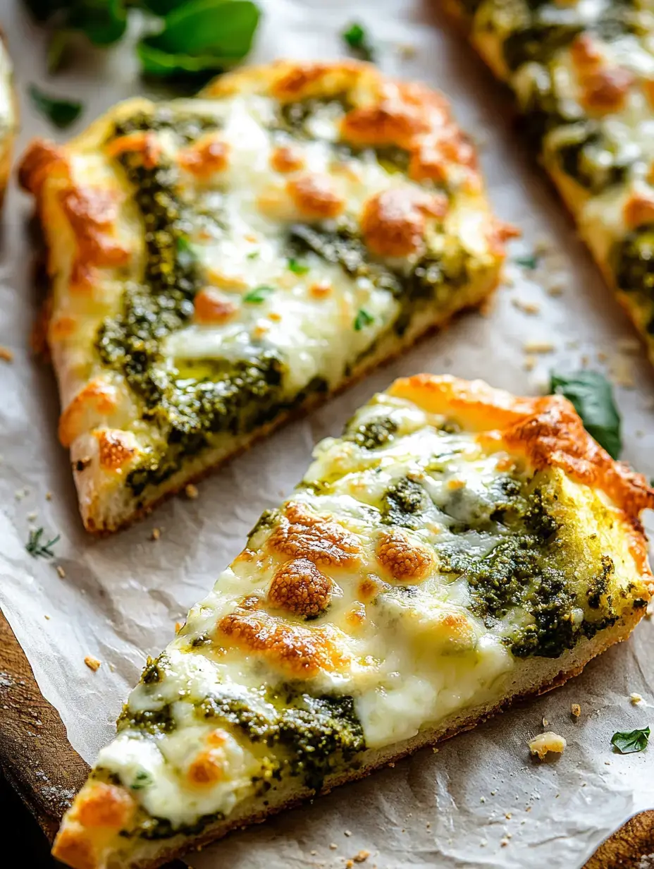 Una rebanada de pizza cubierta con queso derretido y pesto, descansando sobre papel de hornear.
