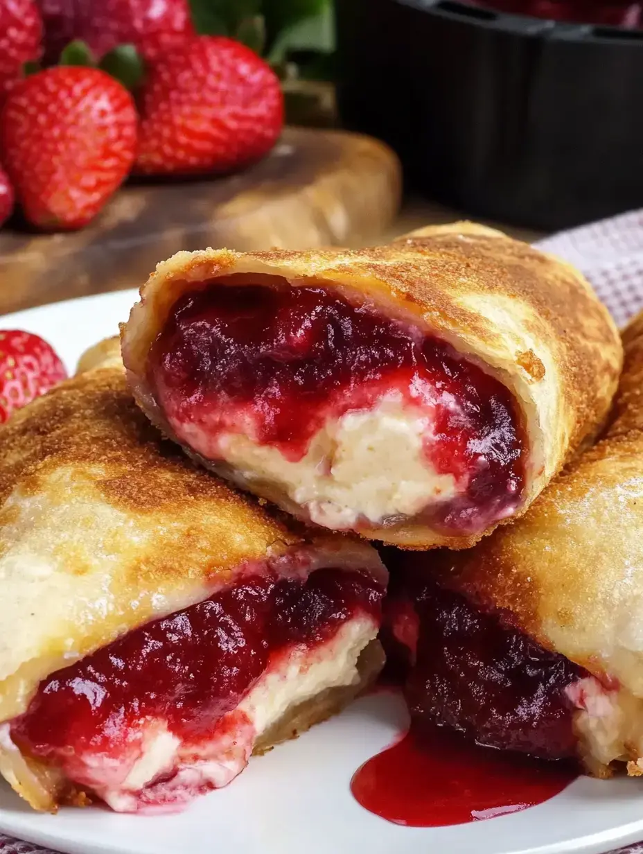 Un acercamiento a tres chimichangas doradas rellenas de queso y mermelada de fresa sobre un plato blanco, con algunas fresas al fondo.