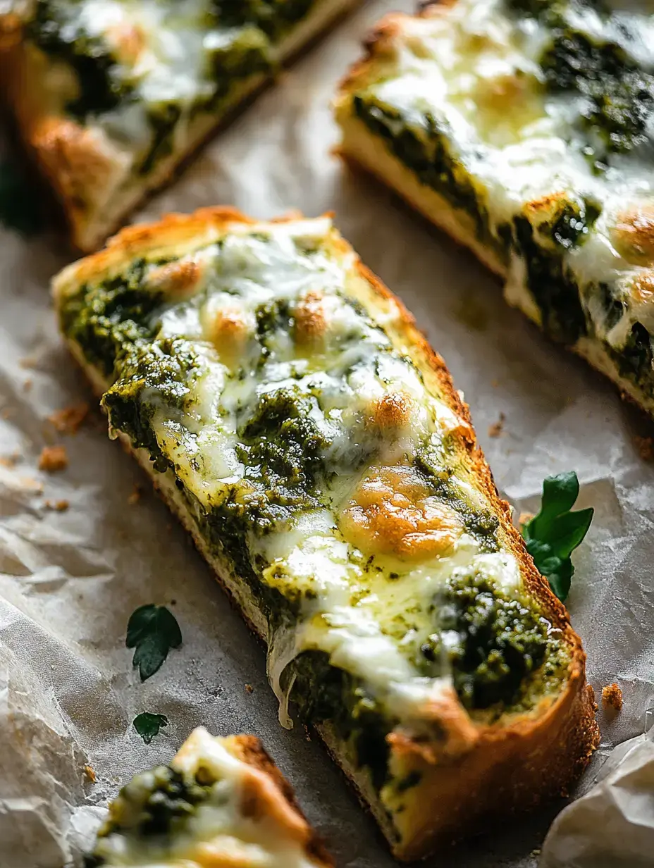 Un primer plano de pan tostado cubierto con queso derretido y una salsa verde brillante de pesto, adornado con perejil fresco.