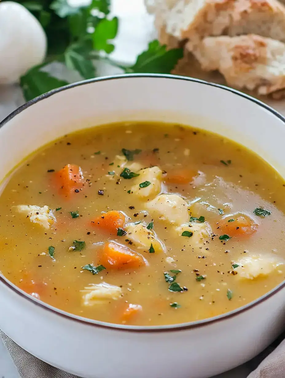 Un tazón de sopa reconfortante con zanahorias en cubitos y trozos de pan al fondo, decorado con perejil fresco.
