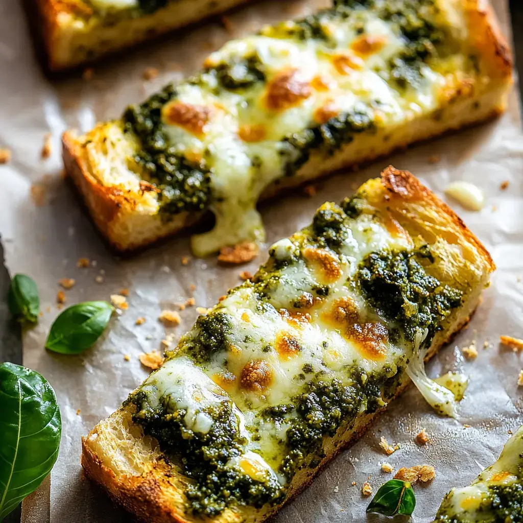 Tres piezas de pan tostado cubiertas con queso derretido y pesto, colocadas sobre papel de hornear con hojas de albahaca fresca cerca.