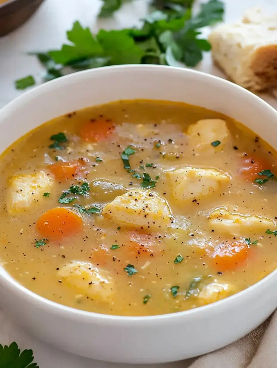 Un tazón de sopa espesita con dumplings, zanahorias y un toque de perejil fresco encima.
