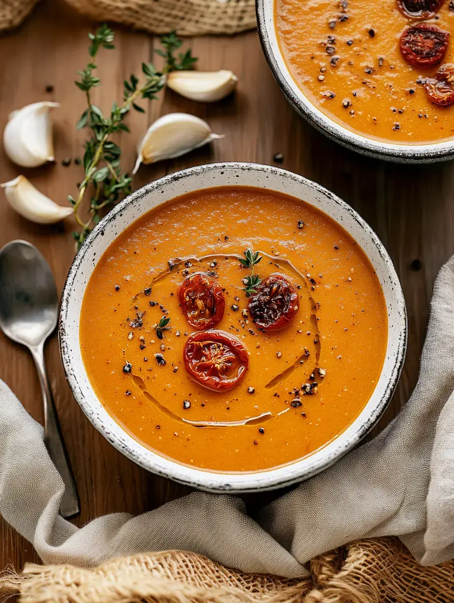 Vista de cerca de un plato hondo con sopa de tomate cremosa decorada con tomate seco, pimienta negra y tomillo, acompañada de dientes de ajo y una cuchara de madera.