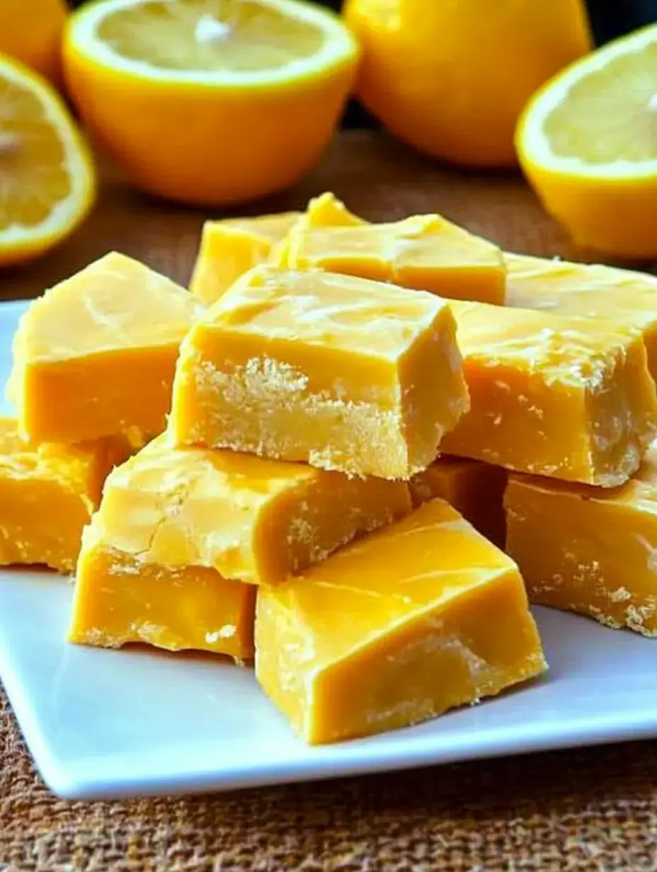 Un plato con cuadrados de dulce de limón en primer plano, con limones partidos por la mitad en el fondo.