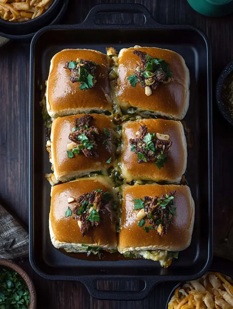 Una bandeja con seis mini hamburguesas con queso cubiertas de hierbas y trocitos crujientes, acompañadas de fideos.