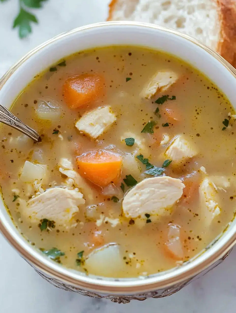 Sopa casera de pollo con zanahorias, papas y hierbas en primer plano, acompañada de pan.