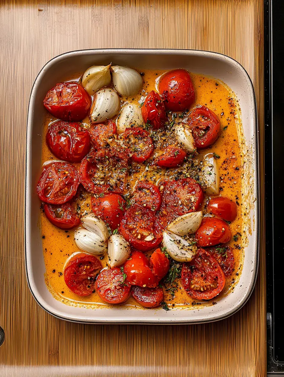 Una bandeja con tomates y cebollas asados, todo con hierbas y especias.