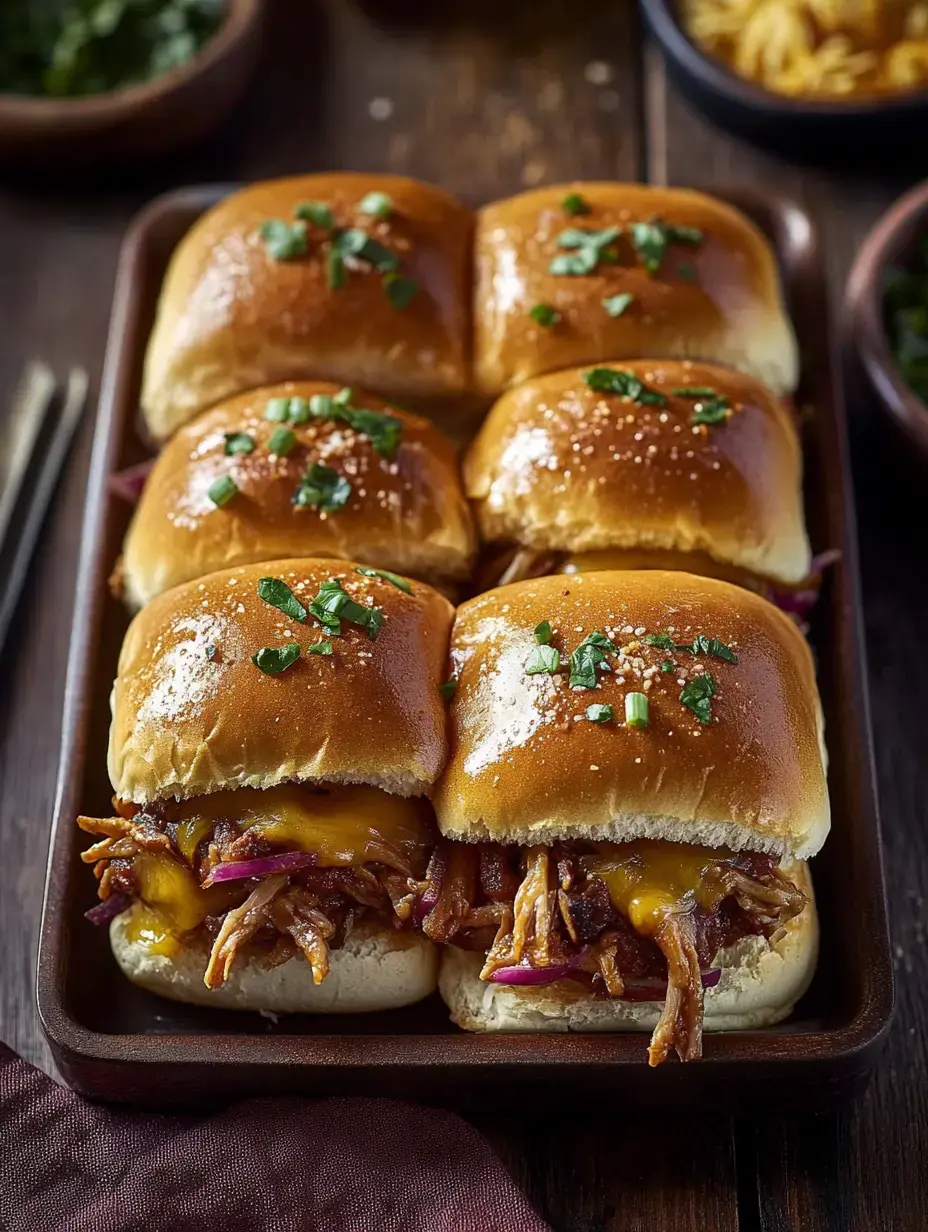 Un plato con seis mini hamburguesas de cerdo desmenuzado cubiertas con queso y cebolletas sobre panecillos ligeramente tostados.