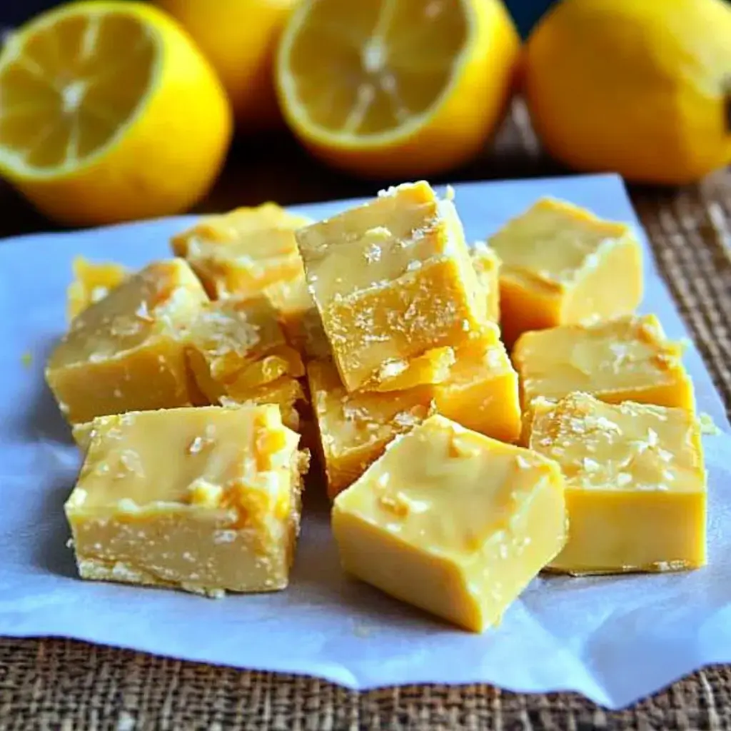Un montón de cuadrados de dulce de limón ordenados sobre papel blanco, con limones enteros y partidos en el fondo.