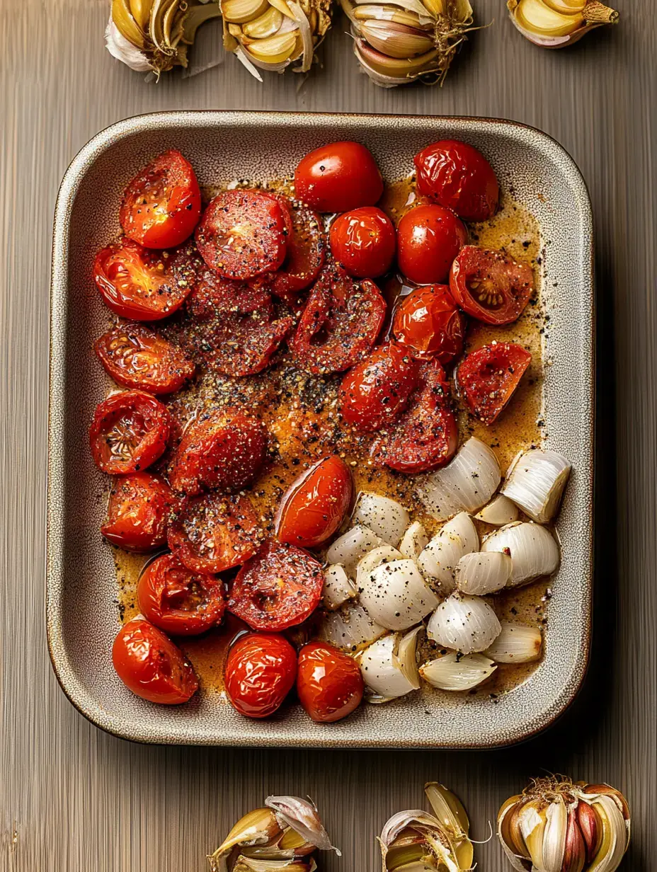 Fuente de horno con tomates y cebolla asados, con especias y ajo alrededor.