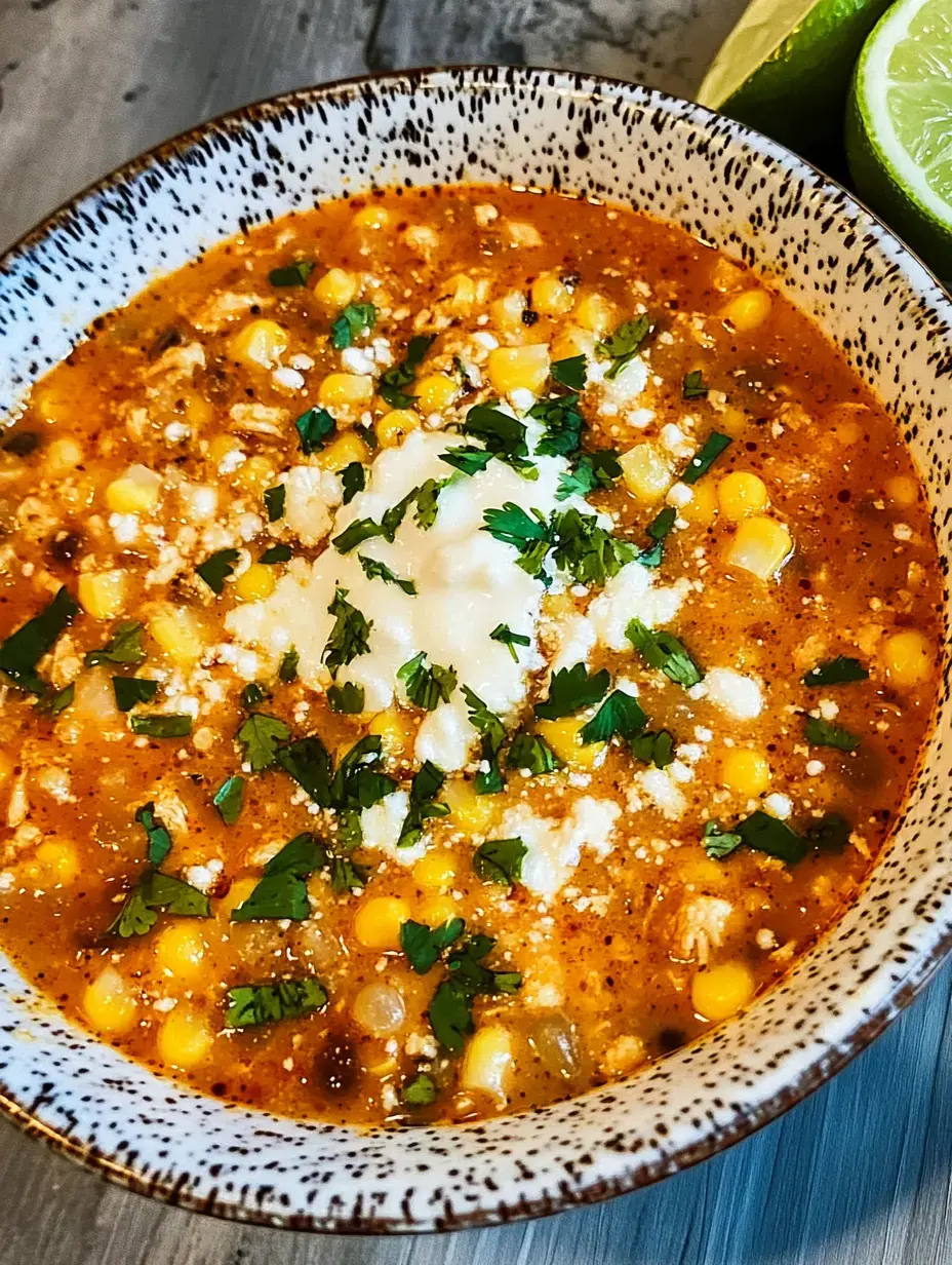 Un tazón de sopa de elote vibrante, coronada con cilantro, queso desmoronado y una cucharada de crema, con gajos de lima al lado.