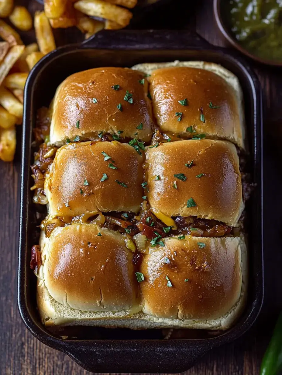 Una fuente de horno con cuatro mini hamburguesas doradas cubiertas con hierbas picadas, junto a patatas fritas y un pequeño cuenco de salsa verde.