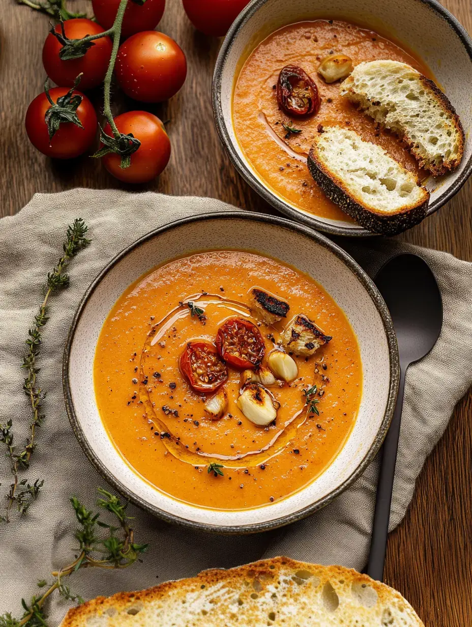 Dos bowls con sopa de tomate vibrante decorada con ajo asado, tomillo y tomates cherry, acompañados de pan crujiente y tomates frescos en la mesa.