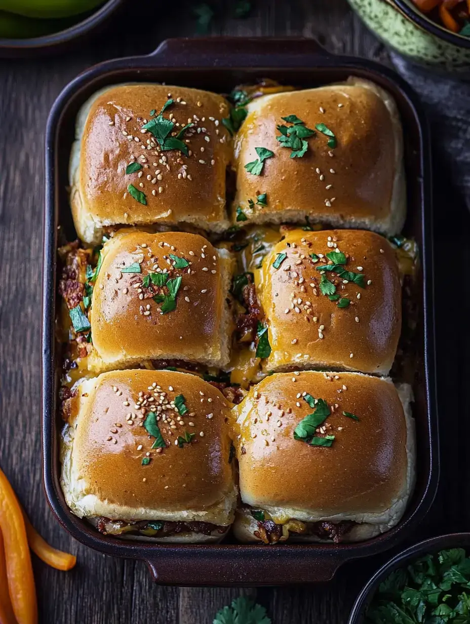 Primer plano de una fuente de horno con seis panecillos con sésamo rellenos de carne y queso, decorados con perejil fresco.
