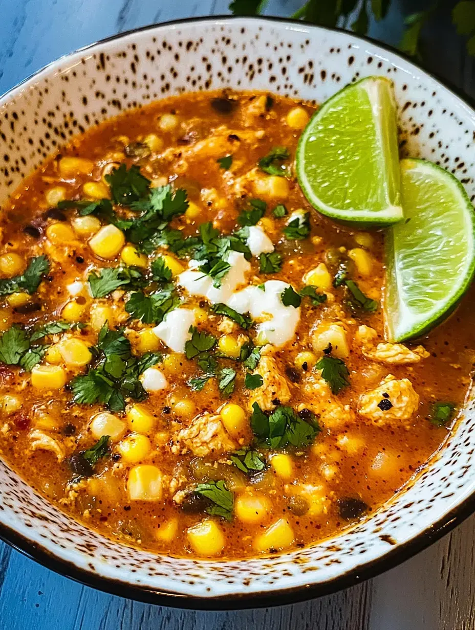 Una foto de cerca del plato: maíz, pollo desmenuzado, cilantro y limas bien frescas.