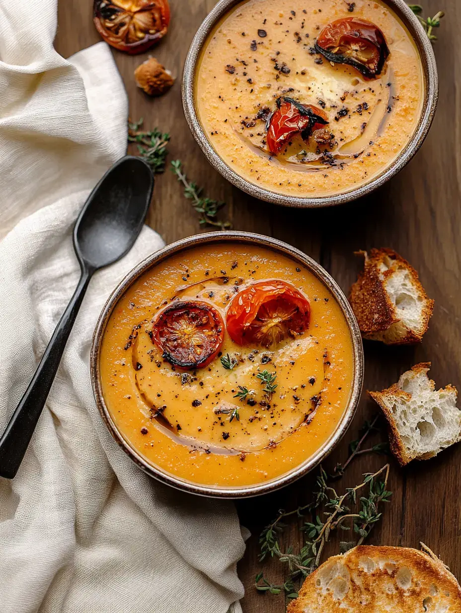 Dos platos de sopa cremosa con tomates asados y hierbas frescas encima, junto a trozos de pan tostado sobre una mesa de madera.