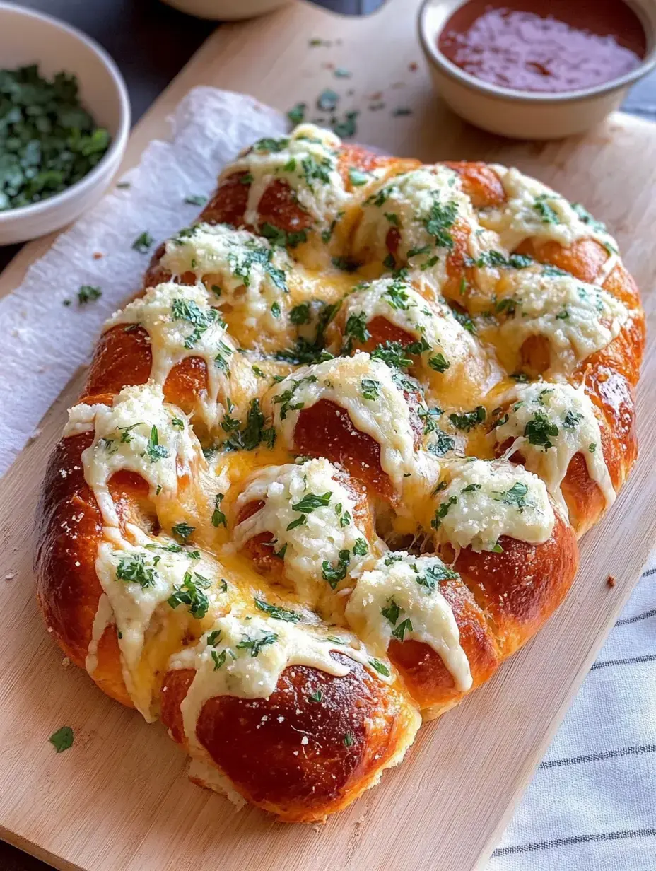 Un pan de queso recién horneado cubierto con hierbas, colocado sobre una tabla de madera, acompañado de cuencos con salsa y hierbas picadas.