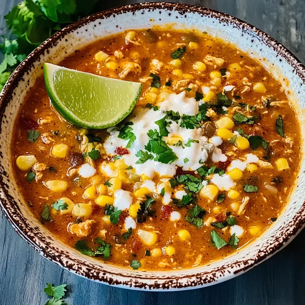 Un tazón de sopa abundante con elote, pollo desmenuzado y toppings de cilantro, crema y un gajo de lima.