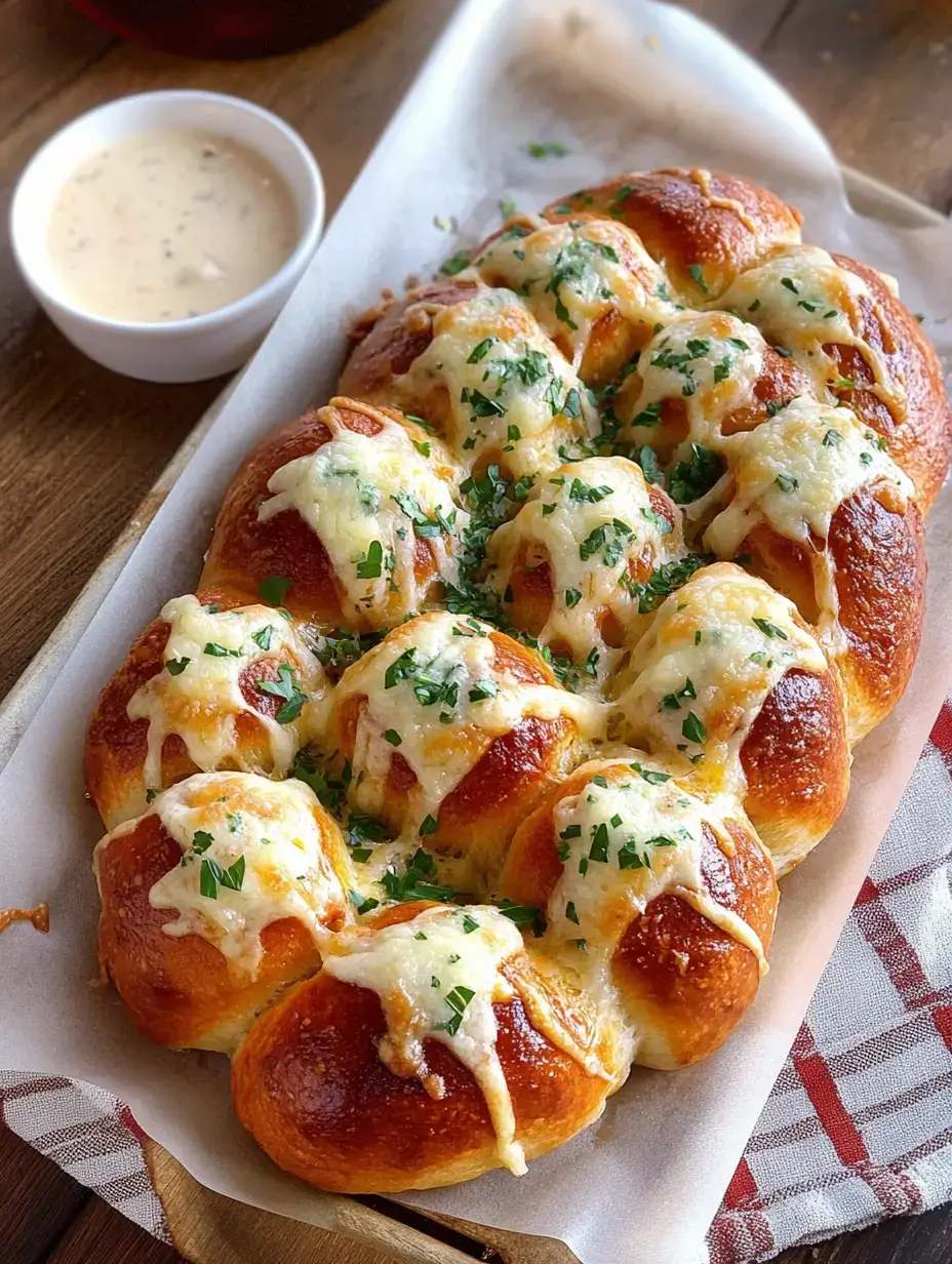 Un pan de queso recién horneado cubierto con perejil, servido con un pequeño cuenco de salsa para mojar.