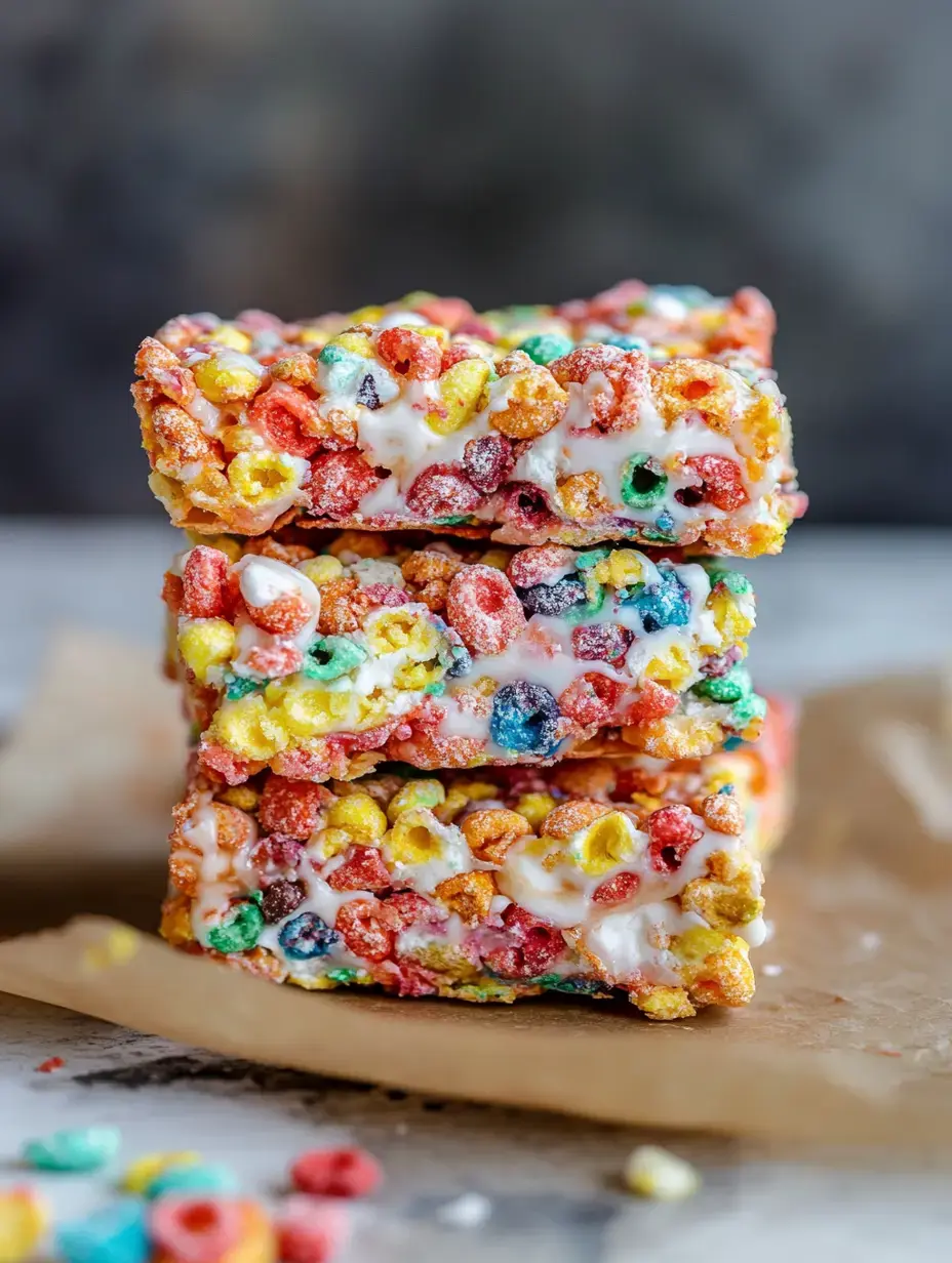 Una pila de barritas de cereal de arroz y colores con glaseado blanco, sobre papel encerado.