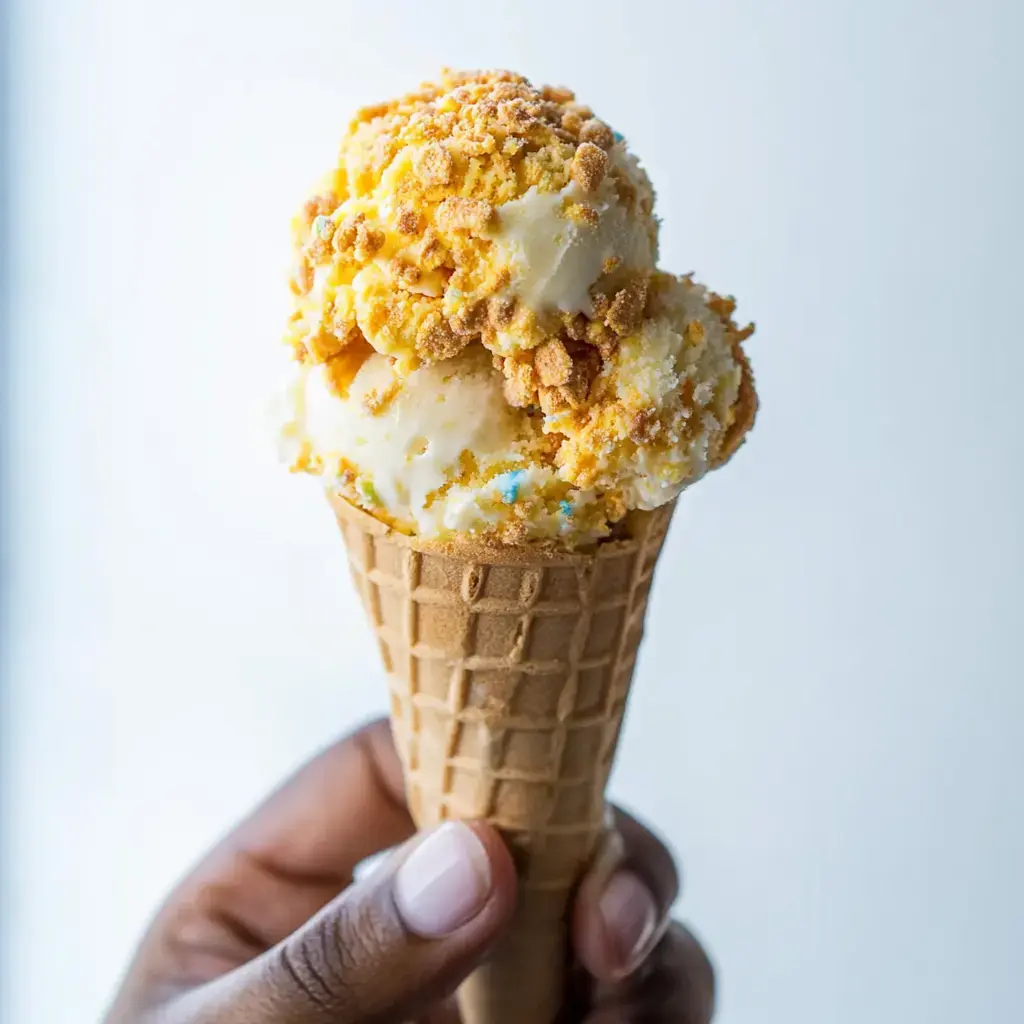 Un cono de barquillo con dos bolas de helado decoradas con galletas trituradas en la parte de arriba.