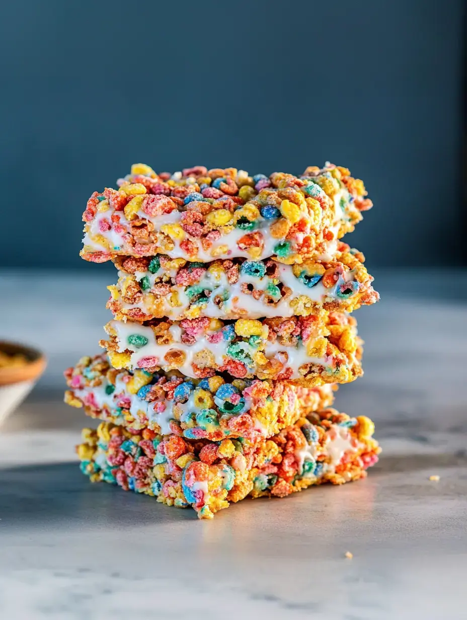 Varias barritas coloridas de cereal con brillo, acomodadas sobre mármol.