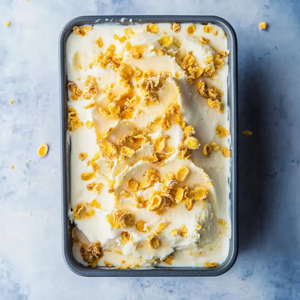 Un recipiente rectangular con helado cubierto de cornflakes triturados sobre una superficie clara.