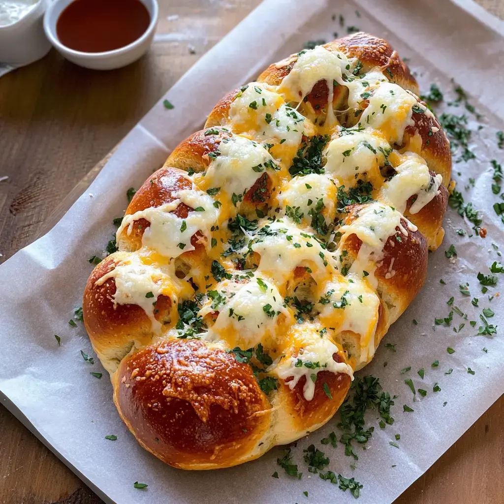 Una hogaza de pan dorada y con queso cubierta con queso derretido y perejil fresco, sobre papel de hornear con salsas para mojar al fondo.
