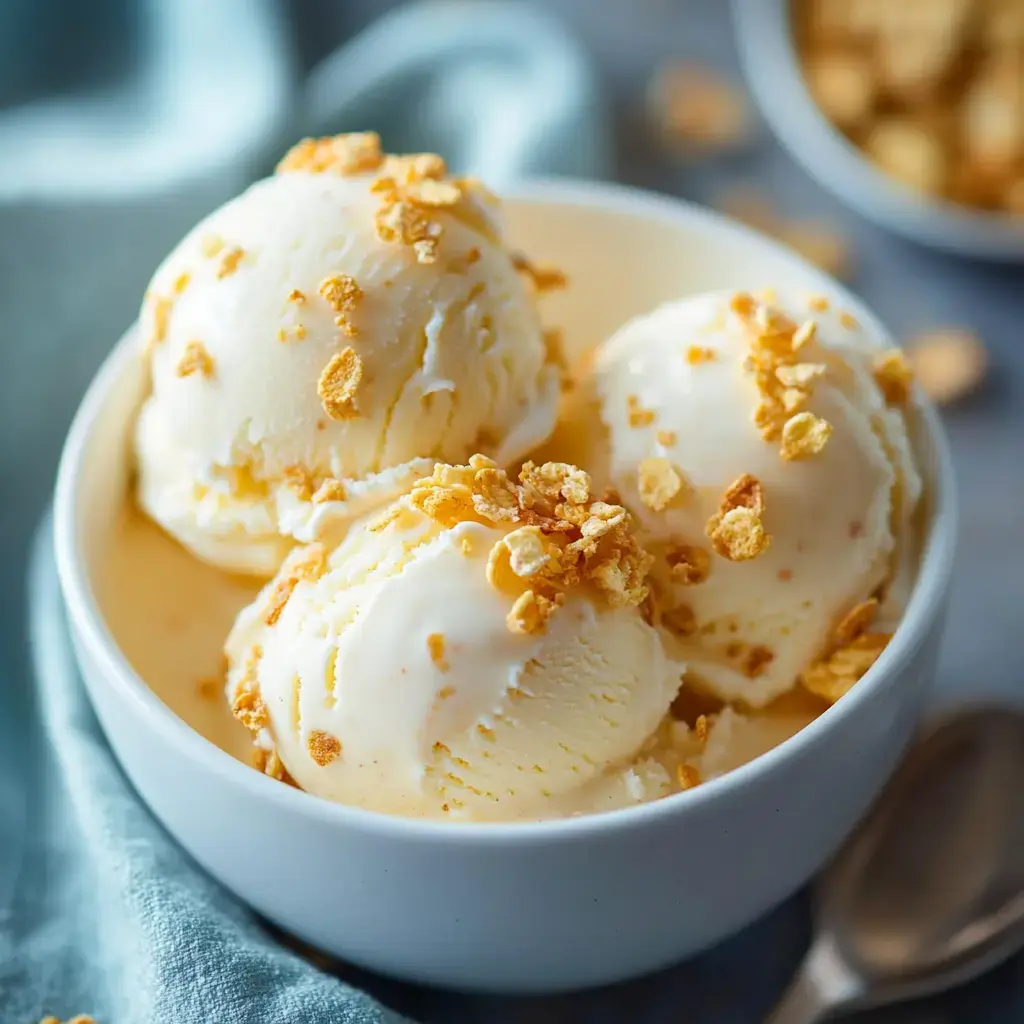Un tazón con bolas de helado de vainilla y cornflakes dorados encima que crujen.