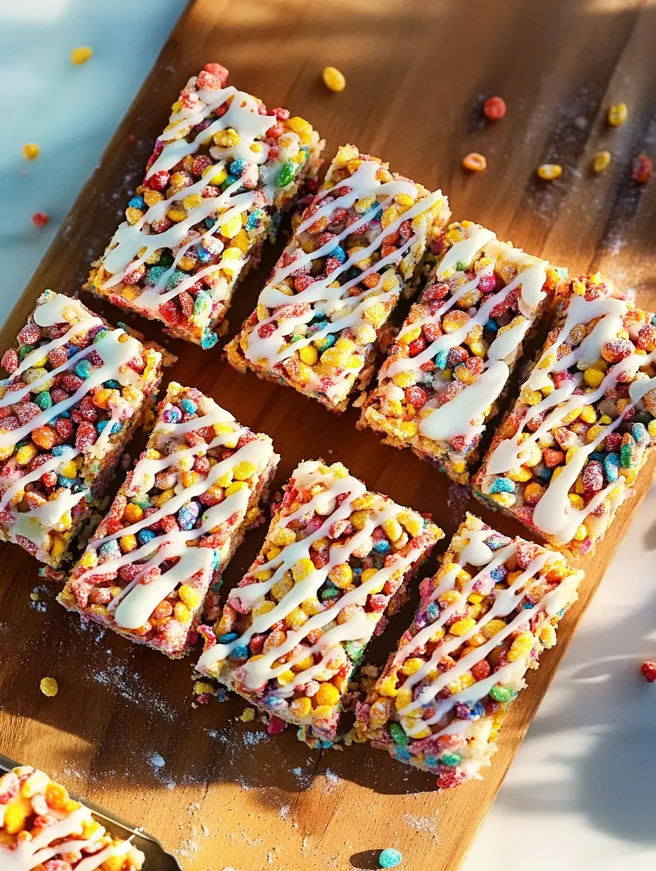 Varios postres con cereal y glaseado blanco sobre una bandeja de madera.