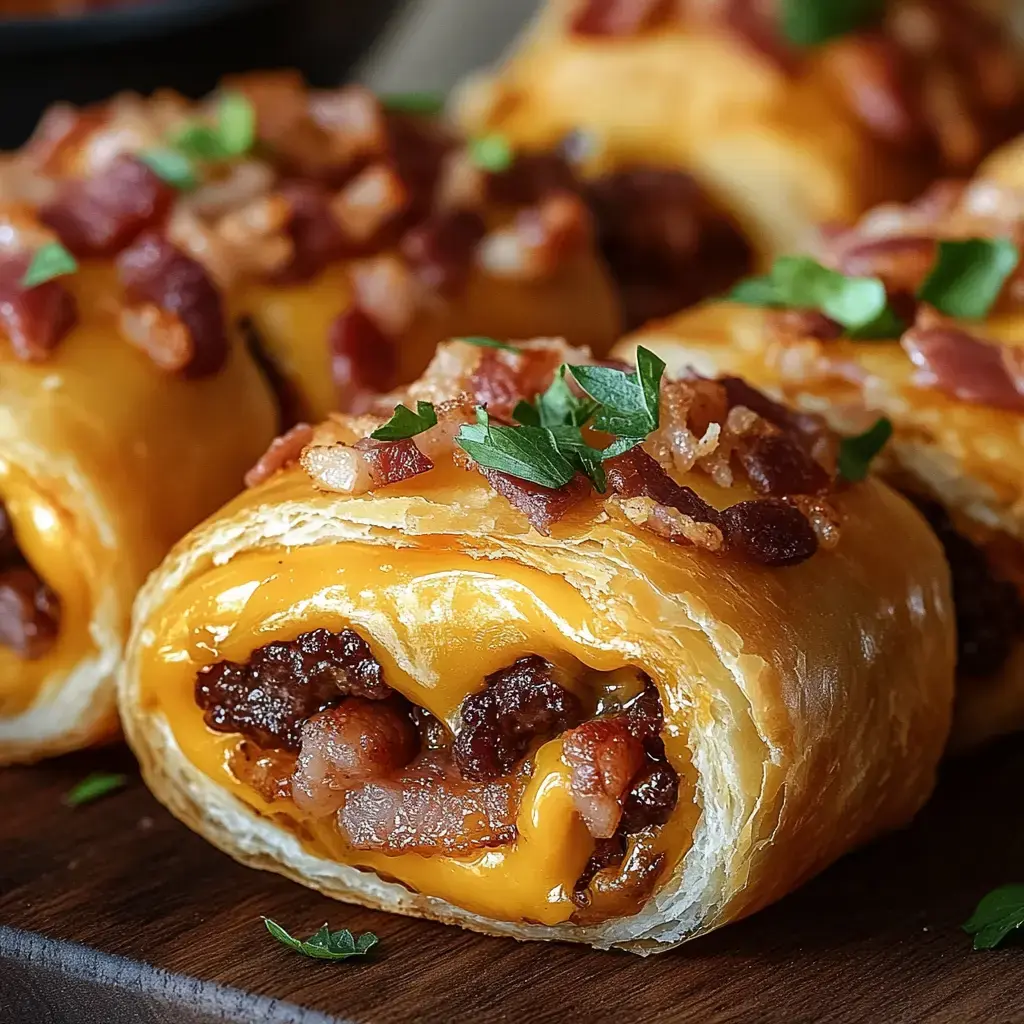 Un primer plano de rollitos de hojaldre rellenos de queso derretido y tocino desmenuzado, decorados con perejil picado.