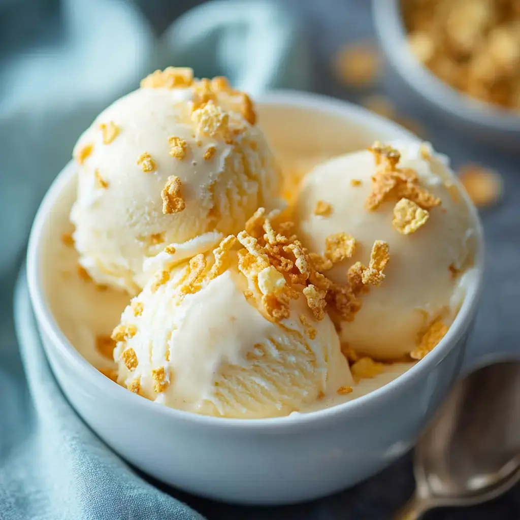 Un tazón con bolas de helado cubiertas con cereales crujientes.