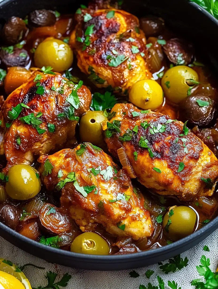 Detalle de muslos de pollo dorados con cilantro fresco, rodeados de aceitunas verdes y cebolla caramelizada en salsa oscura.