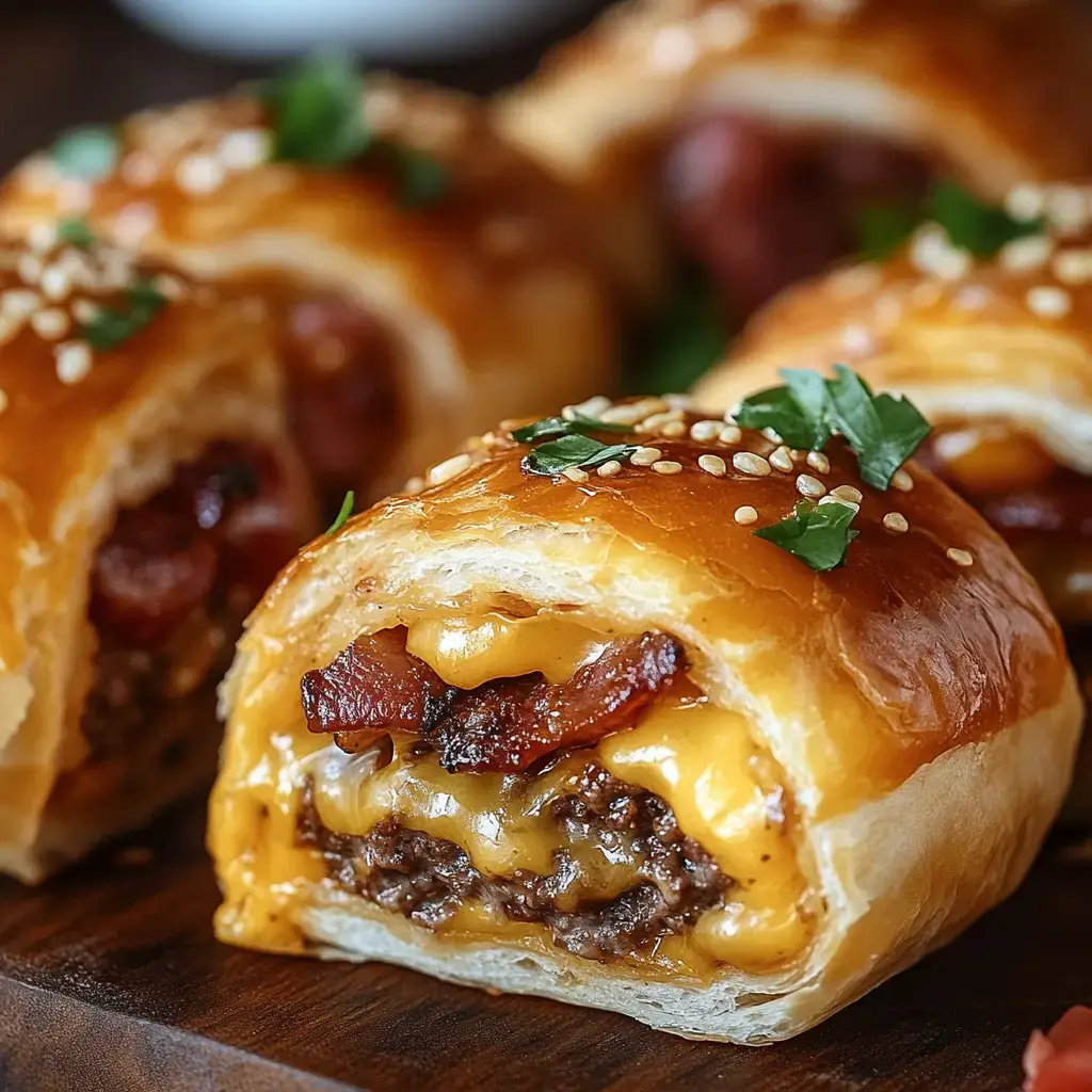 Un primer plano de rollitos de hojaldre dorados rellenos con capas de queso derretido, carne cocinada y cubiertos con semillas de sésamo y hierbas.