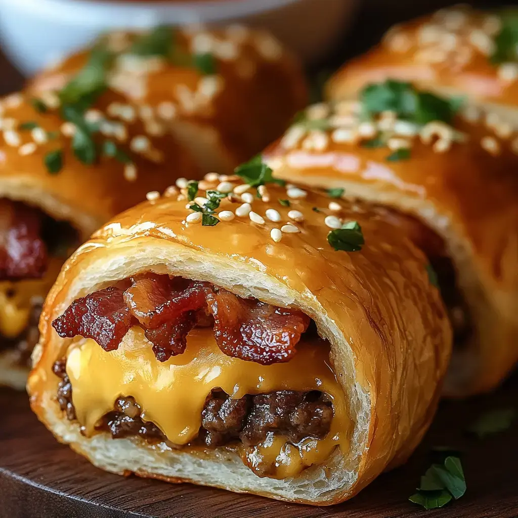 Un primer plano de un rollito de hojaldre horneado relleno de carne picada, queso cheddar derretido y tocino crujiente, decorado con semillas de sésamo y perejil.
